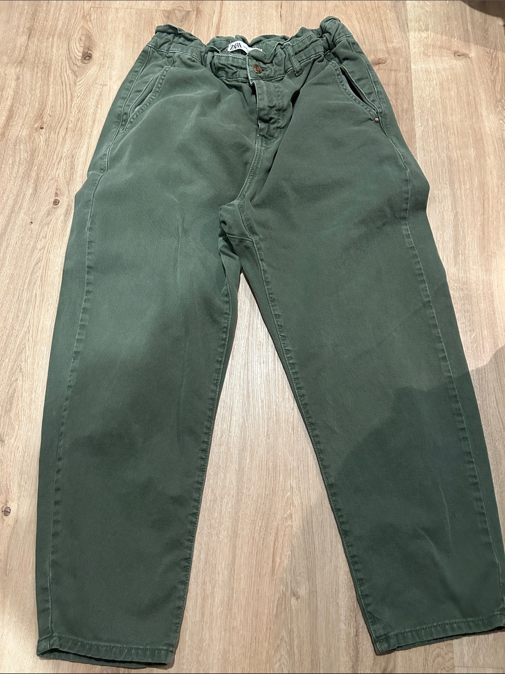 Zara Green High-Waist Paper bag waist barrel leg pants